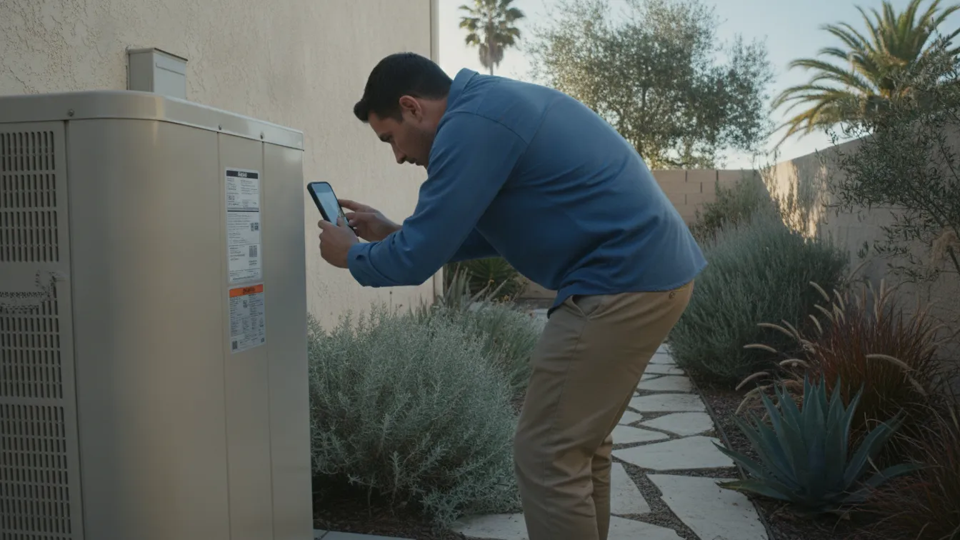 A technician photographing the label on an outdoor air conditioning unit